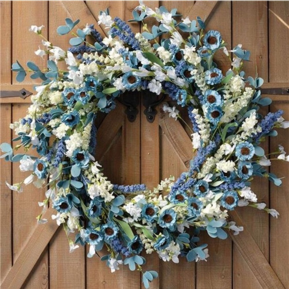 20Inch Spring Wreath Blue with Green Leaves Daisy Artificial Grains White Flower